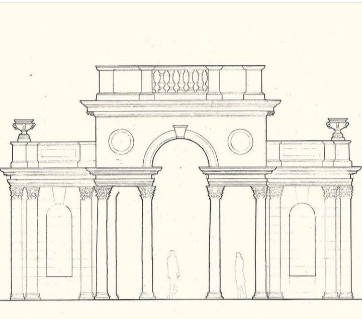 an architectural drawing of the entrance to a building with arches, pillars and balconies