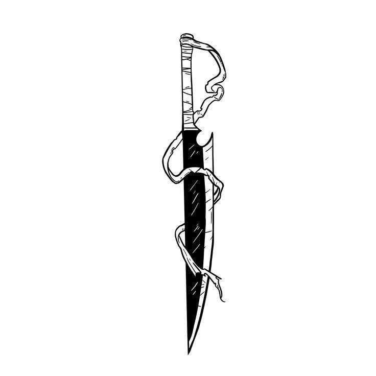 a black and white drawing of a knife with a snake on it's handle