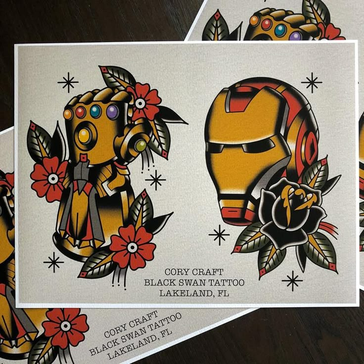 two tattoos designed to look like iron man