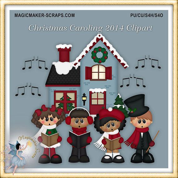 the christmas caroling clipart is displayed in front of a house with music notes