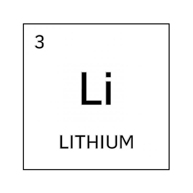 the symbol for lithium is shown in black and white, with three smaller letters below it