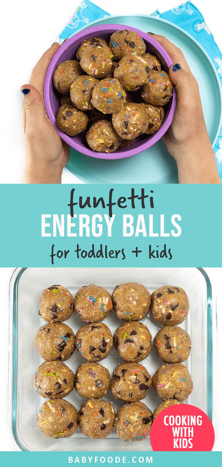 a person holding a bowl full of energy balls for toddlers and kids with text overlay reading funfetti energy balls for toddlers + kids