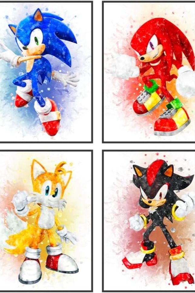 four pictures of sonic the hedgehog and tails in different poses with snow on them