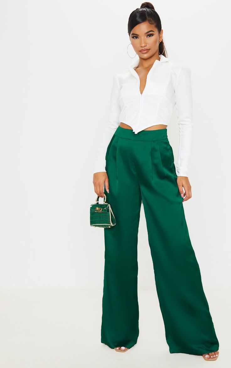 Emerald Green Satin High Waisted Wide Leg Trouser | PrettyLittleThing USA Satin Trousers Outfit, Green Wide Leg Pants Outfit, Emerald Green Pants, Green Trousers Outfit, Satin Pants Outfit, Emerald Green Outfit, Leavers Shirt, Green Pants Outfit, Dress Pants Outfits