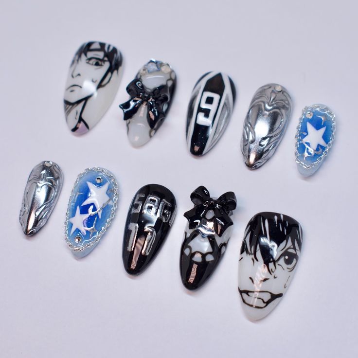 Haikyuu x Blue Lock ~tier 3 custom~ Anime character painting, isolated chrome, details Shop nails: celixxunails.com Instagram: Celixxu.nails Yt: CelixxuNails #nailartist #nailtech #beginnernailtech #beginnernailartist #pinterestnails #koreannailstyle #japanesenailart #y2knails #coquettenails #xiaohongshunails #gelxnails #pressonnails #douyinnails #smallbusiness #smallbusinessowners Haikyuu Nail Art, Blue Lock Nails, Anime Character Painting, Haikyuu Nails, Isolated Chrome, Anime Nails, Korean Nails, Japanese Nail Art, Y2k Nails