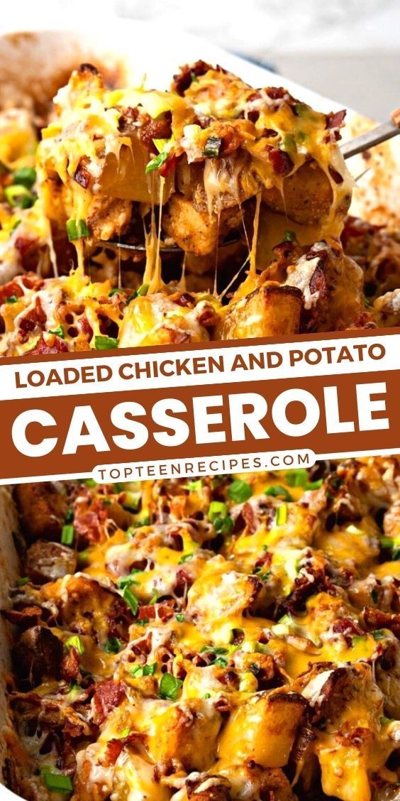 loaded chicken and potato casserole in a white dish with text overlay that reads loaded chicken and potato casserole