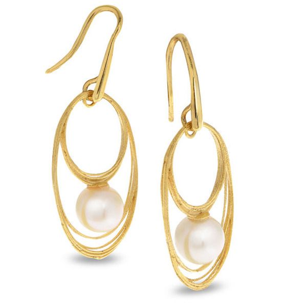 She’ll admire the sumptuous style of these enticing pearl drop earrings. Crafted in 14K gold, each opulent earring showcases a luminous 7.5-8.0mm cultured freshwater pearl nestled between two layered open ovals glistening with luxurious textured bands. Buffed to a brilliant luster, these earrings secure with sculpted French wire backs. Elegant Oval Pearl Earrings With High Luster, Oval High Luster Pearl Earrings For Formal Events, Formal High Luster Oval Pearl Earrings, Luxury Oval Pearl Drop Earrings, Classic Oval High Luster Pearl Earrings, Elegant Oval Pearl Drop Earrings, Elegant Oval Pearl Earrings, Formal Oval Earrings With Pearl Drop, Luxury Oval Pearl Earrings For Formal Occasions