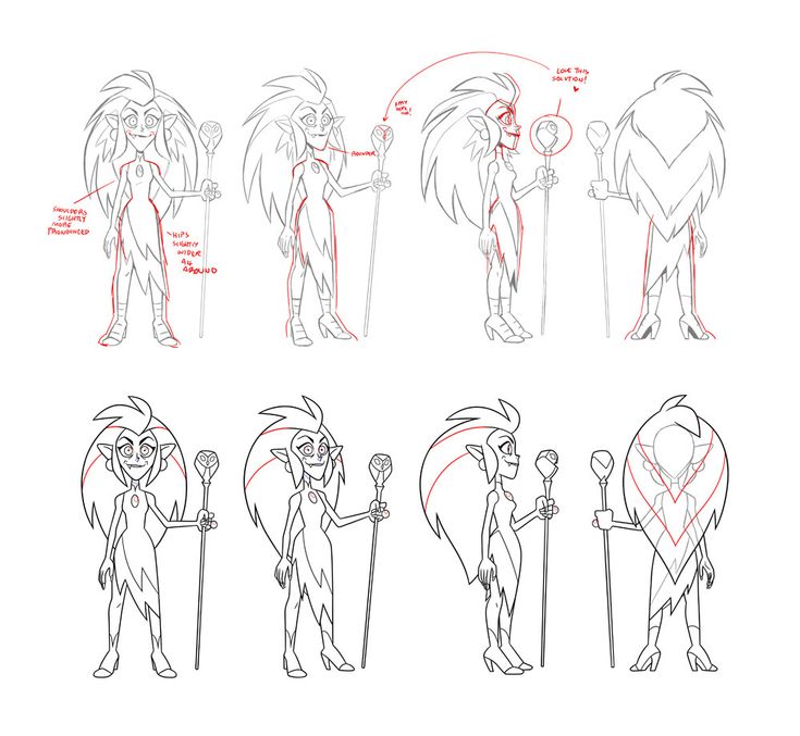 sketches for the animated character's body and head, with different angles to show them