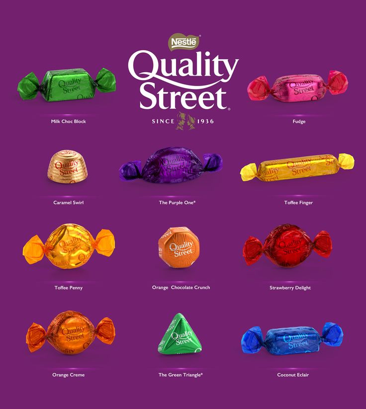 various types of candies are displayed on a purple background with the words quality street