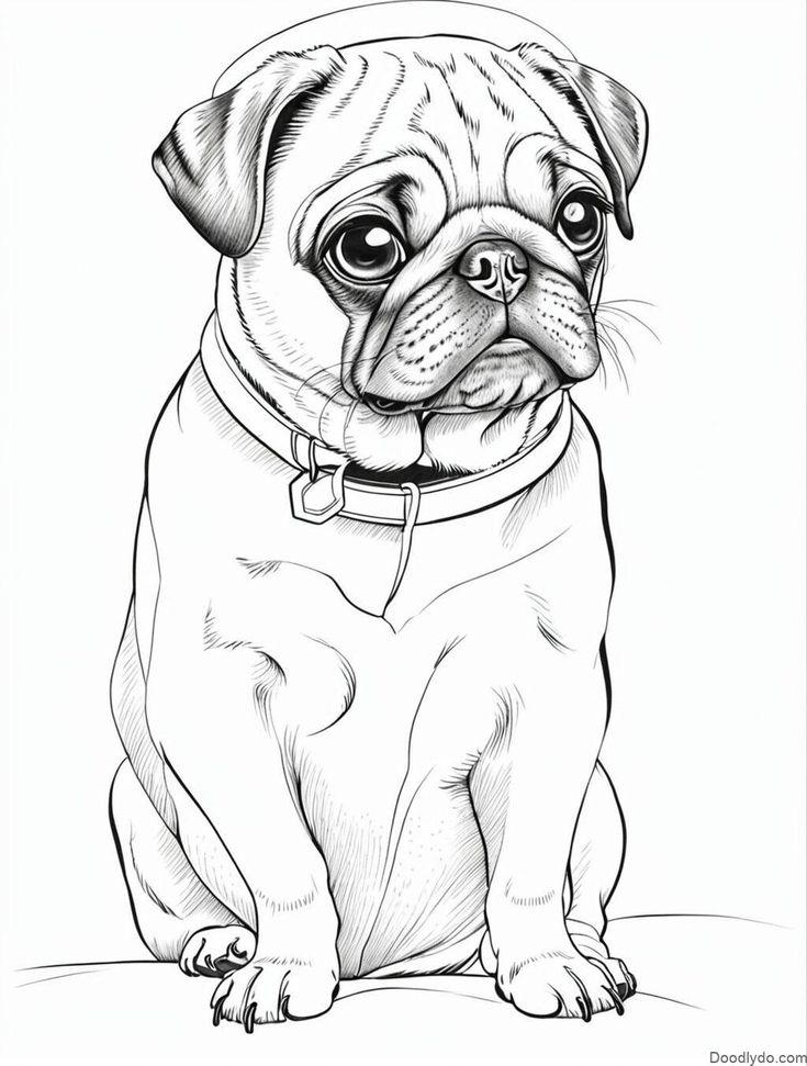 a black and white drawing of a pug