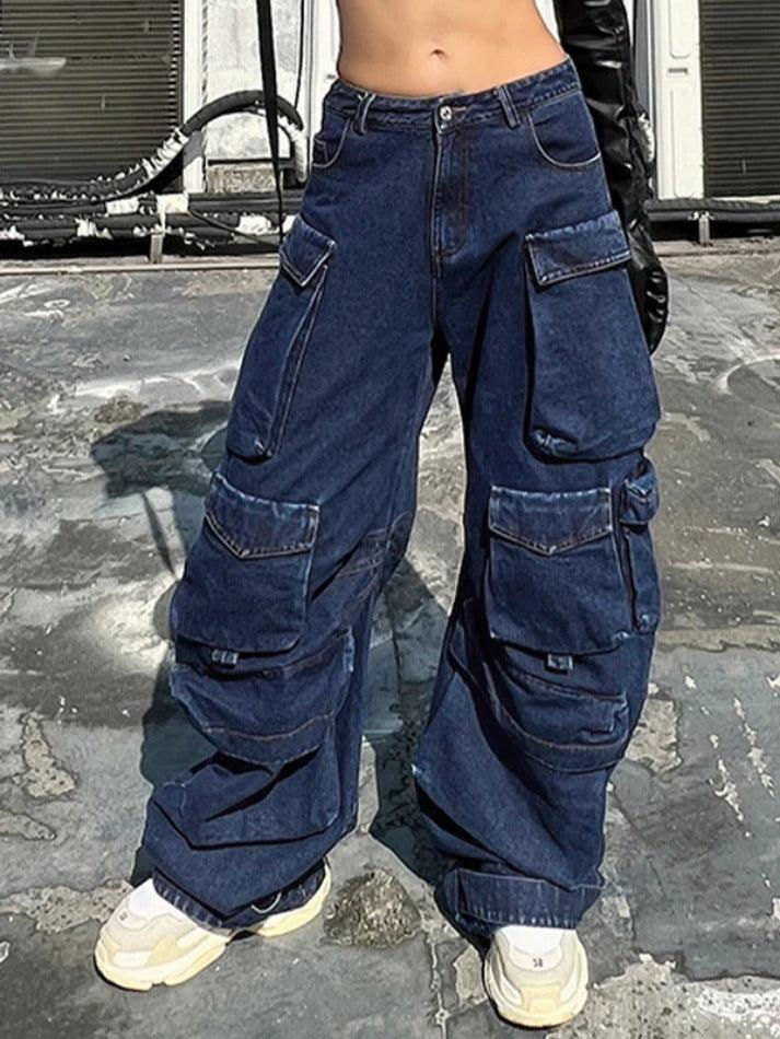 Washed Multi Pocket Cargo Jeans - AnotherChill Vintage Jeans Style, Casual Wide Leg Pants, Jeans Cargo, Denim Patterns, Street Look, Women Cargos, Loose Pants, Cargo Pants Women, Denim Trousers