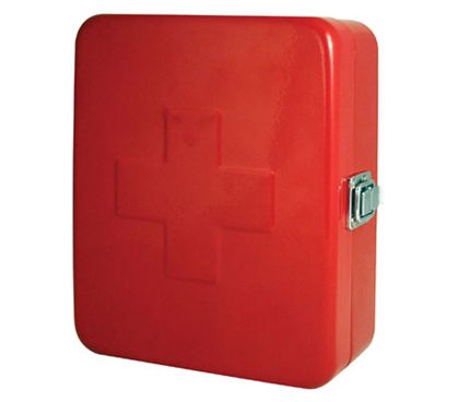 a red first aid box with the cross on it's front and side panels