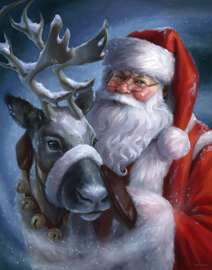 a painting of santa claus riding a reindeer