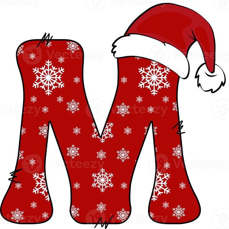 the letter m is decorated with snowflakes and santa's hat on it