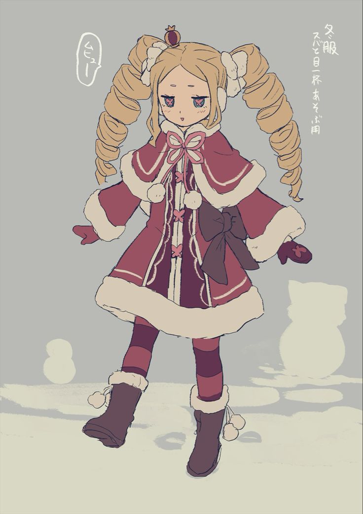 an anime character with long blonde hair wearing a red and white dress, standing in the snow