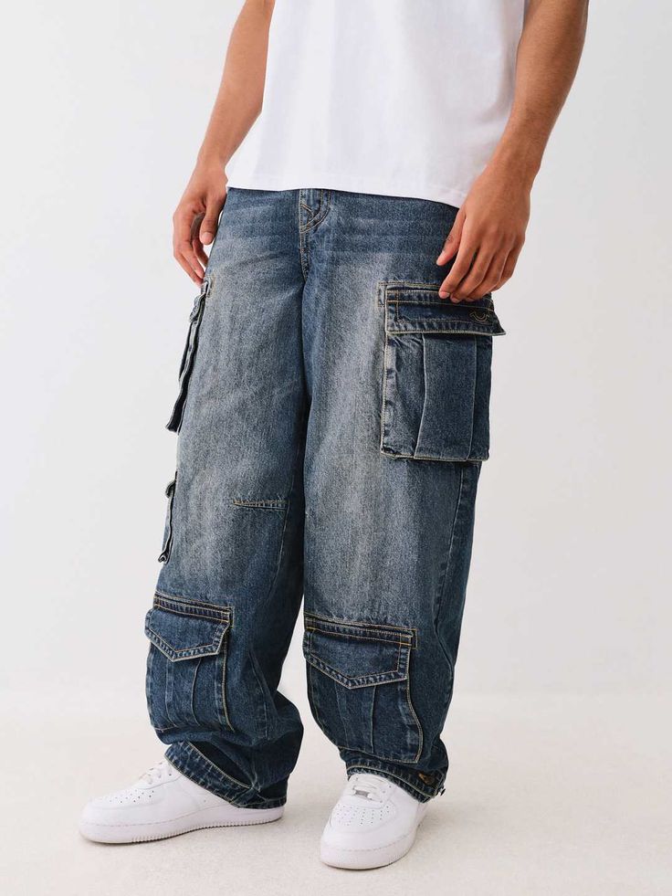 BAGGY SINGLE NEEDLE CARGO JEAN Urban Cargo Jeans With Belt Loops In Medium Wash, Urban Denim Blue Cargo Pants With Belt Loops, Baggy Urban Cargo Jeans With Belt Loops, Urban Dark Wash Cargo Jeans With Belt Loops, Casual Washed Blue Cargo Jeans With Belt Loops, Streetwear Cargo Pants With Belt Loops In Dark Wash, Urban Style Faded Cargo Jeans With Pockets, Dark Wash Cargo Pants With Belt Loops For Streetwear, Faded Straight Leg Cargo Jeans With Pockets