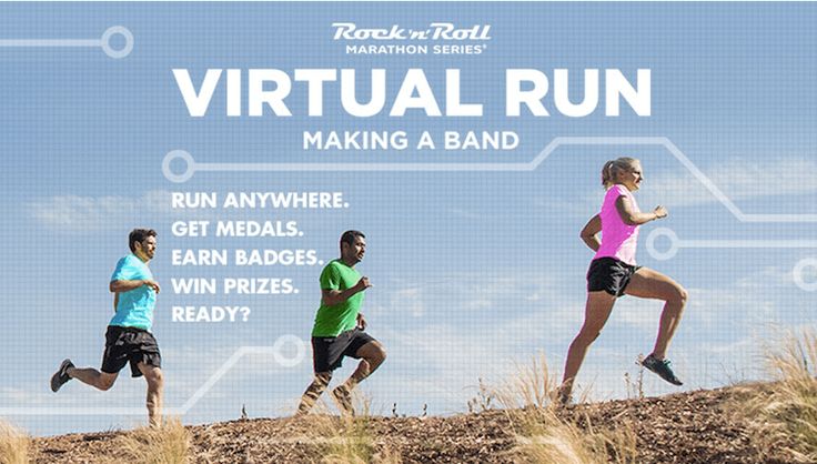 three people running up a hill with the words virtual run making a band above them