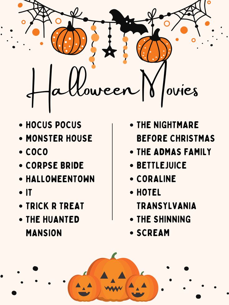 halloween movies list with pumpkins and bats