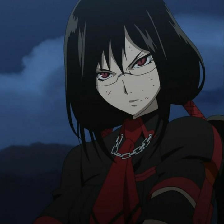 an anime character with long black hair and red eyes wearing a chain around his neck