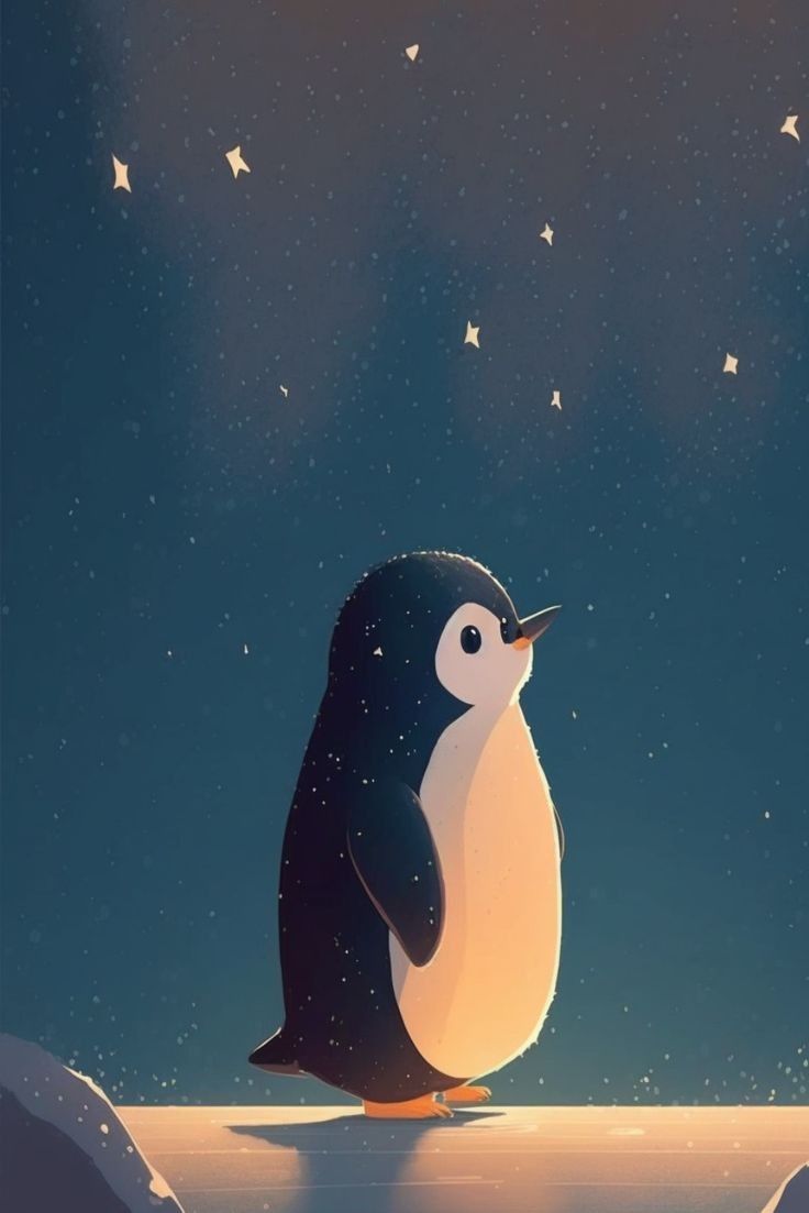 a penguin standing on top of a snow covered ground next to a sky filled with stars