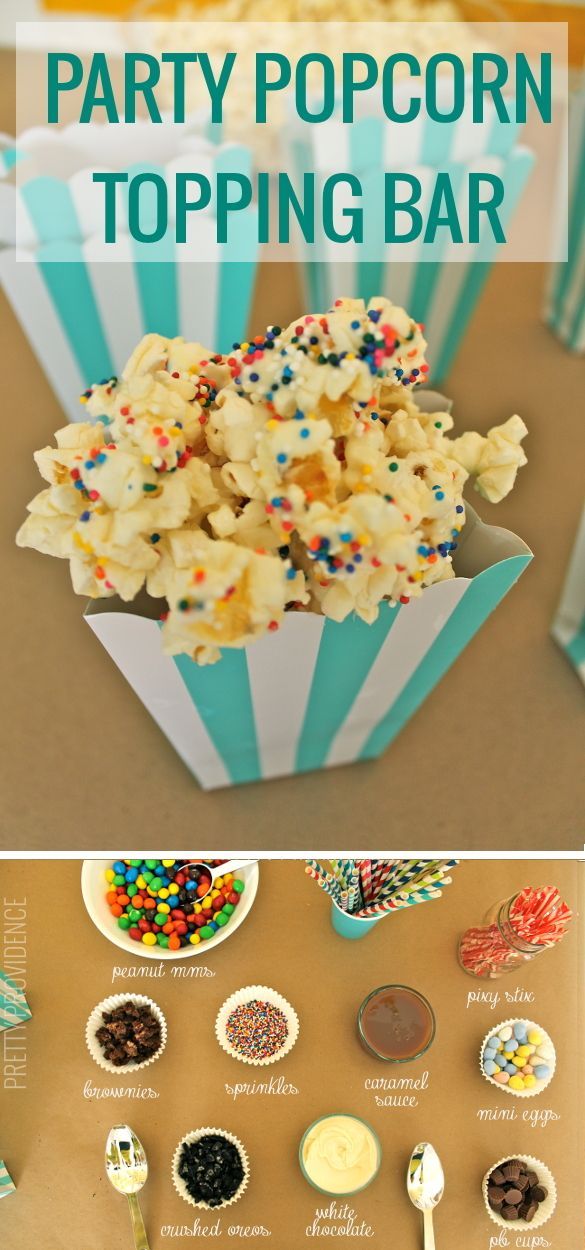 party popcorn topping bar with colorful sprinkles and cupcakes