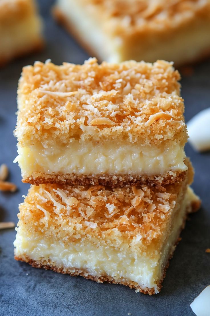 two pieces of cake sitting on top of a blue surface with coconut flakes all over it