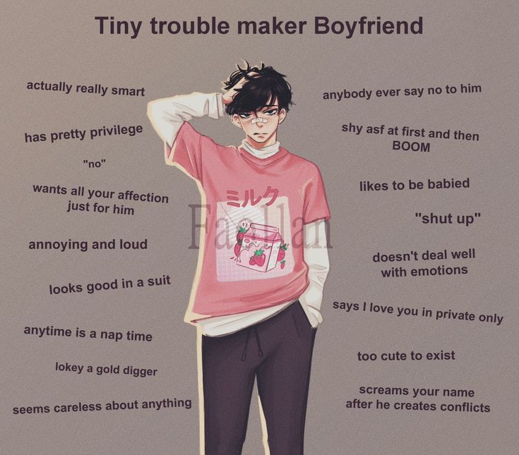 an image of a man with his hand on his head and the words tiny trouble maker boyfriend