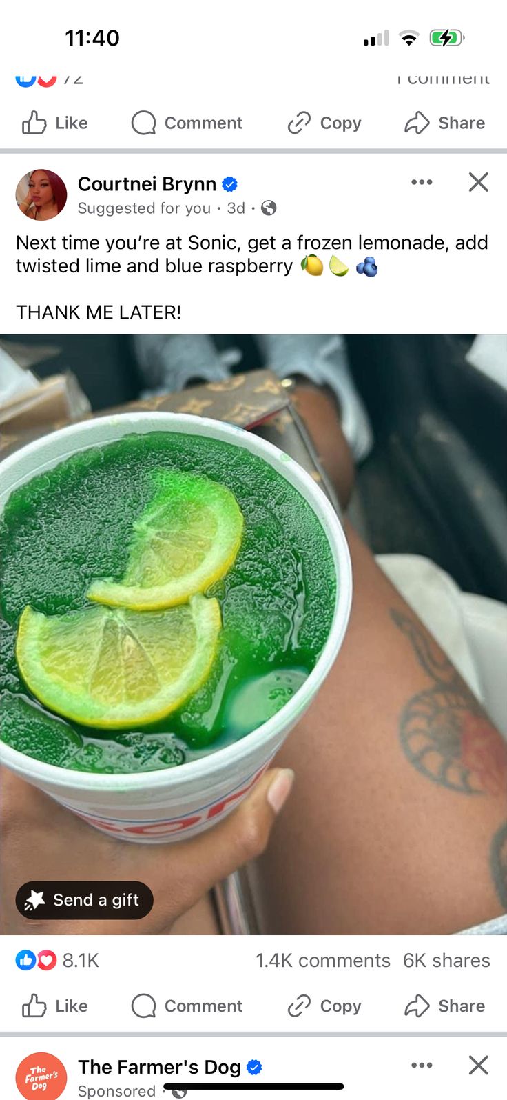 a person holding a bowl filled with green liquid and lemon slices on top of it