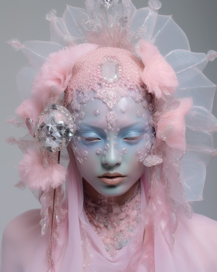 MP: jade o'leary model for'shauna giddy', in the style of extravagant imagination, ritualistic masks, light pink and light indigo, franciszek starowieyski, made of crystals, poignant portraits, mars ravelo --ar 51:64 Rave Makeup Ideas, Nova Aesthetic, Goddess Core, Clown Makeup Ideas, Siren Beauty, Uchuu Kei, Artsy Makeup, Funky Makeup, Avatar Icon