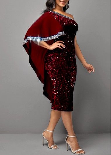 ROTITA Glitter Fabric Stitching Wine Red Skew Neck Dress | Rotita.com - USD $36.98 Burgundy Sequin Dress, Elegant Red Dress, Classy Short Dresses, Wine Red Dress, Fabric Stitching, Figure Flattering Dresses, Chic Dress Classy, Wine Dress, Simple Gowns