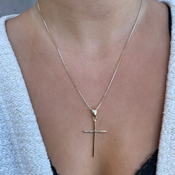 Stunning large cross pendant hangs from 20 inches box chain. Gold Cross Pendant Necklace With Box Chain, Gold Cross Necklace With Box Chain, Elegant Cross Necklace With Box Chain For Gift, Sterling Silver Cross Necklace With Box Chain, Crucifix Box Chain Necklace As Gift, Crucifix Cross Necklace With Box Chain As Gift, Box Chain Crucifix Necklace For Gift, Crucifix Necklace With Box Chain For Gift, Elegant Cross Necklace With Box Chain