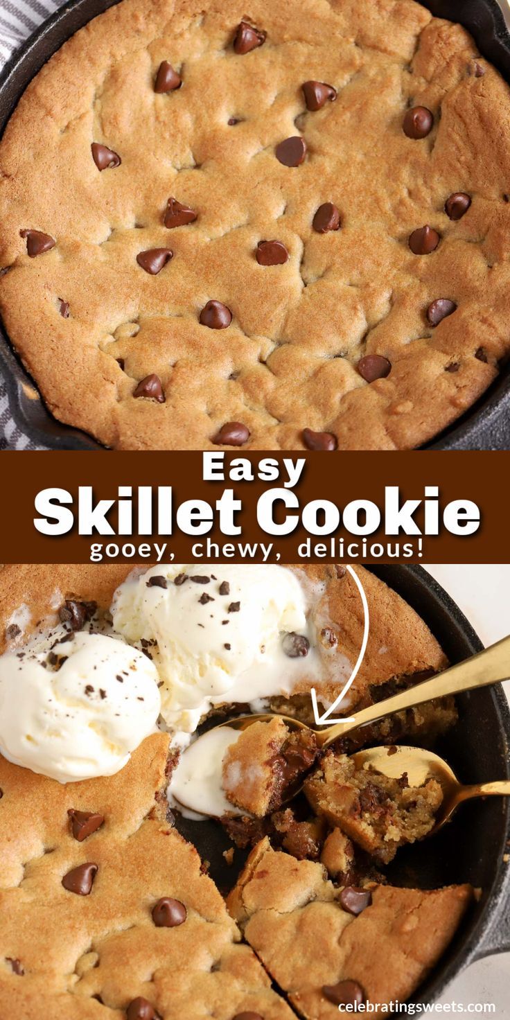 an easy skillet cookie with chocolate chips and ice cream in the middle is shown