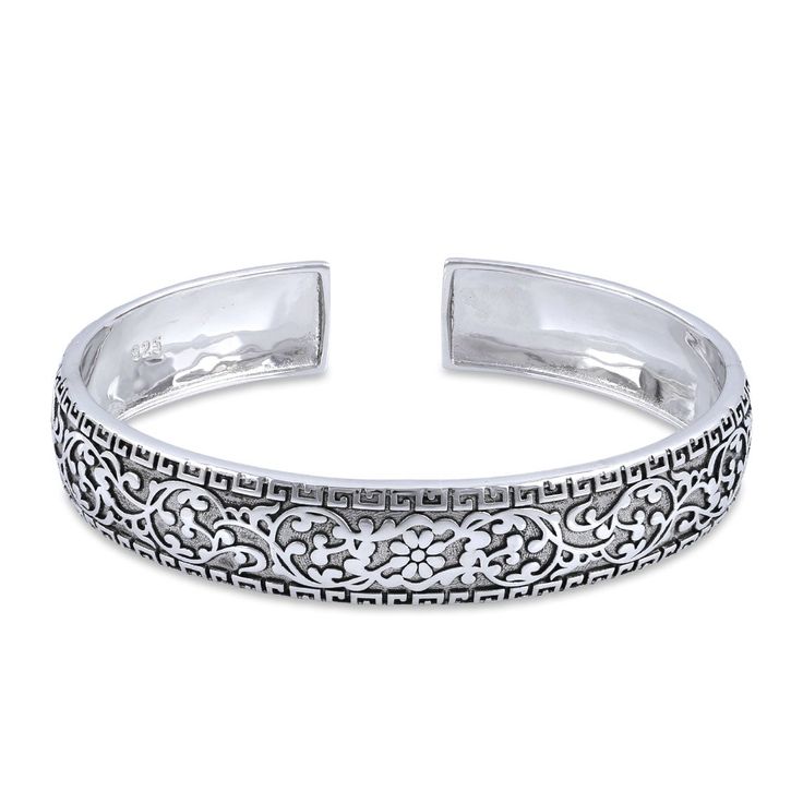 Height: 13.4mm

Length: Circumference: 7.5" - 8" Adjustable

Thickness: 1.7mm





Metal: 925 sterling silver

Plating: rhodium plated

Finish: high polish Sterling Silver Bangle With Intricate Design, Classic Adjustable Sterling Silver Bracelet With Intricate Design, Classic Silver Bangle With Intricate Design, Classic Silver Bracelets With Intricate Design, Sterling Silver Cuff Bracelet With Intricate Design, White Gold Sterling Silver Cuff Bracelet, Classic Silver Cuff Bracelet Stamped 925, Sterling Silver Flowers, Silver Flowers