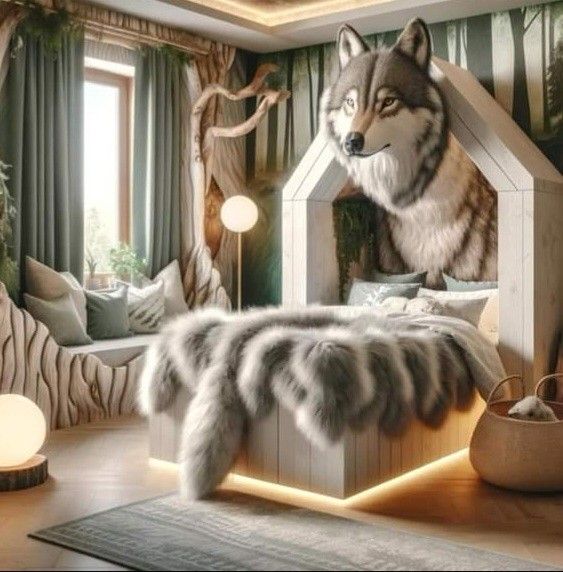 a bedroom with a wolf bed in the middle and other decorations on the wall behind it