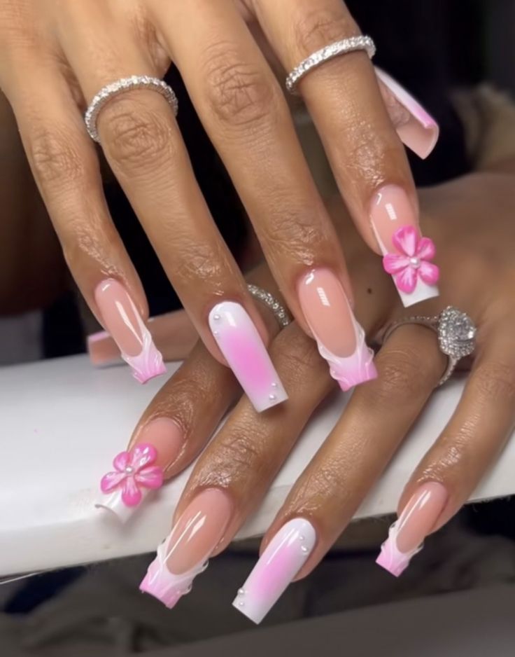 Nails Inspiration 3d Flowers, Pink Nails With 3d Flowers, Nail Ideas 3d Flowers Pink, Light Purple Nails With 3d Flowers, Purple Acrylic Nails With 3d Flowers, Ambre Nails, Purple Acrylic Nails, Nails Now, Casual Nails