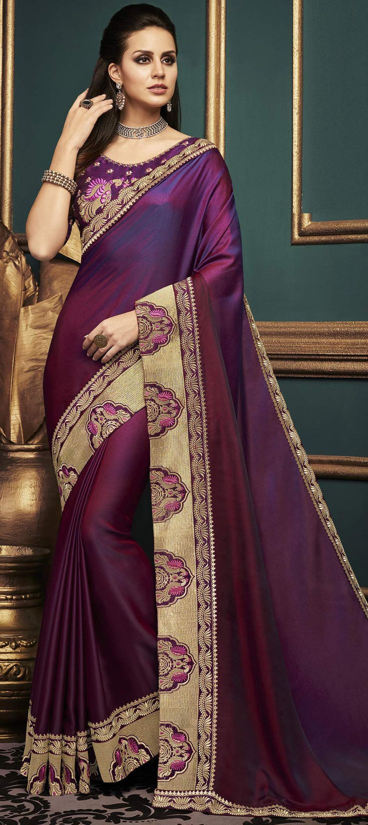 Traditional Purple and Violet color Saree in Satin Silk, Silk fabric with South Embroidered, Thread, Zari work : 1574783 Mina Hasan, Delhi Couture Week, South Asian Fashion, Bride Collection, Red Lehenga Choli, Art Silk Sarees, Indian Couture, Sketch Inspiration, Chaniya Choli