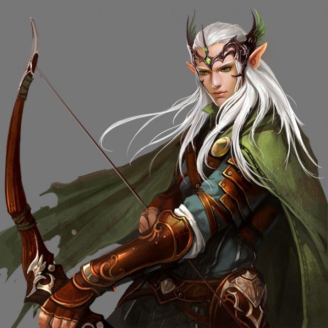 an elf with white hair holding a bow and arrow