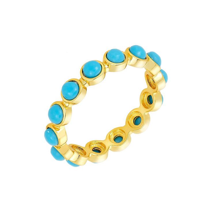 Add a touch of color and charm to your everyday style with this Adornia simulated turquoise eternity band ring. Add a touch of color and charm to your everyday style with this Adornia simulated turquoise eternity band ring. Nickel free Metal: brass Packaging: pouch Plating: 14k gold Width: 4 mm Finish: polishedSTONE DETAILS Stone type: simulated turquoise Shape: round Setting: bezel Gemstones may have been treated to enhance their appearance. Special care may be required. Please visit our Gemsto Stackable Turquoise Round Jewelry, Gold Turquoise Stackable Ring, Blue Turquoise Stackable Round Ring, Stackable Round Turquoise Ring In Blue, Stackable Turquoise Ring Fine Jewelry, Stackable Turquoise Ring In Fine Jewelry Style, Turquoise Stackable Round Band Rings, Adjustable Stackable Turquoise Ring, Packaging Pouch