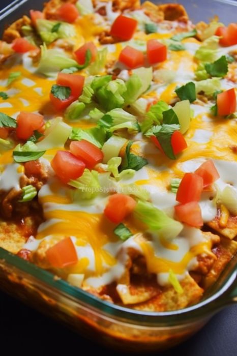 a casserole dish filled with meat, cheese and veggie toppings