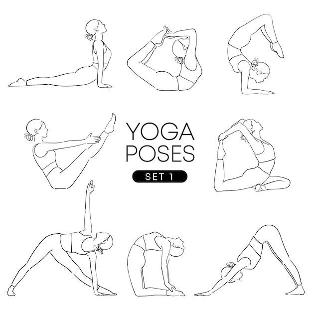 the yoga poses set 1 is shown in black and white, as well as an outline drawing