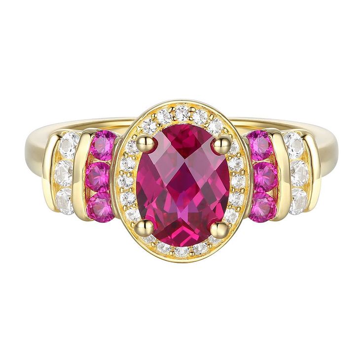 Beautifully embellished with an oval-shaped lab-created ruby gemstone set within a halo of lab-created white sapphires, this 14k gold over silver ring completes your look in style. Click on this JEWELRY & WATCHES GUIDE to learn about fit, styles, materials and more! Beautifully embellished with an oval-shaped lab-created ruby gemstone set within a halo of lab-created white sapphires, this 14k gold over silver ring completes your look in style. Click on this JEWELRY & WATCHES GUIDE to learn about Oval Lab-created Ruby Birthstone Ring With Center Stone, Oval Ruby Ring With Halo Setting In Cubic Zirconia, Oval Ruby Ring With Cubic Zirconia In Halo Setting, Oval Ruby Birthstone Ring With Halo Setting, Oval Ruby Birthstone Ring With Accent Stones, Oval Ruby Ring With Cubic Zirconia Center Stone, Oval Ruby Halo Ring With Center Stone, Oval Lab-created Ruby Birthstone Ring, Oval Ruby Halo Ring With Gemstone