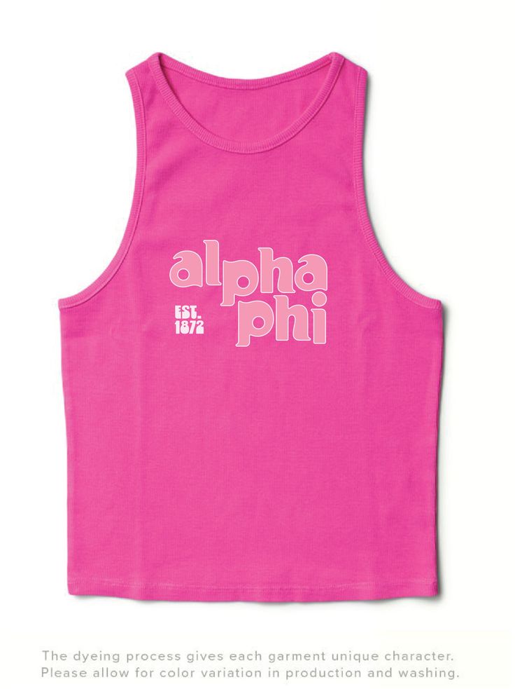 Product Color Ultra Pink Product Details University Tees UT009 Ribbed high-neck tank top Product Description Elevate your sorority wardrobe with our Ultra Pink Groovy Matching Set Sorority Tank. Crafted from the softest fabric, this tank provides ultimate comfort and style, making it a staple year round. Embrace the perfect blend of warmth and breathability with this must-have addition to your collection Note: This product is designed for a comfortable and breathable fit. It is intentionally cra Pink Stretch Tank Top With Graphic Print, Pink Cotton Racerback Tank Top, Pink Graphic Print Racerback Top, Pink Crew Neck Tank Top For Sports, Pink Crew Neck Tank Top For Workout, Pink Letter Print Tank Top, Sorority Names, Groovy Design, Alpha Gamma Delta