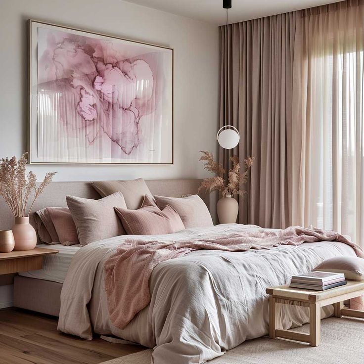 a bedroom with a large painting on the wall next to a bed covered in pink sheets and pillows