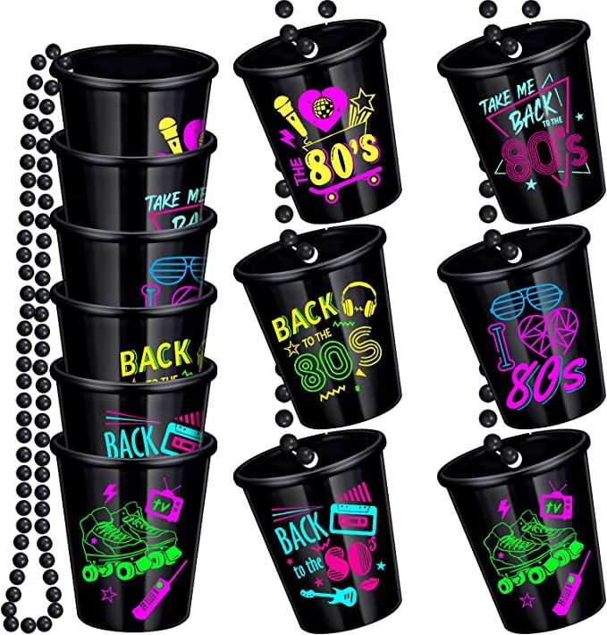 black plastic buckets with neon colored stickers and beaded necklaces on them