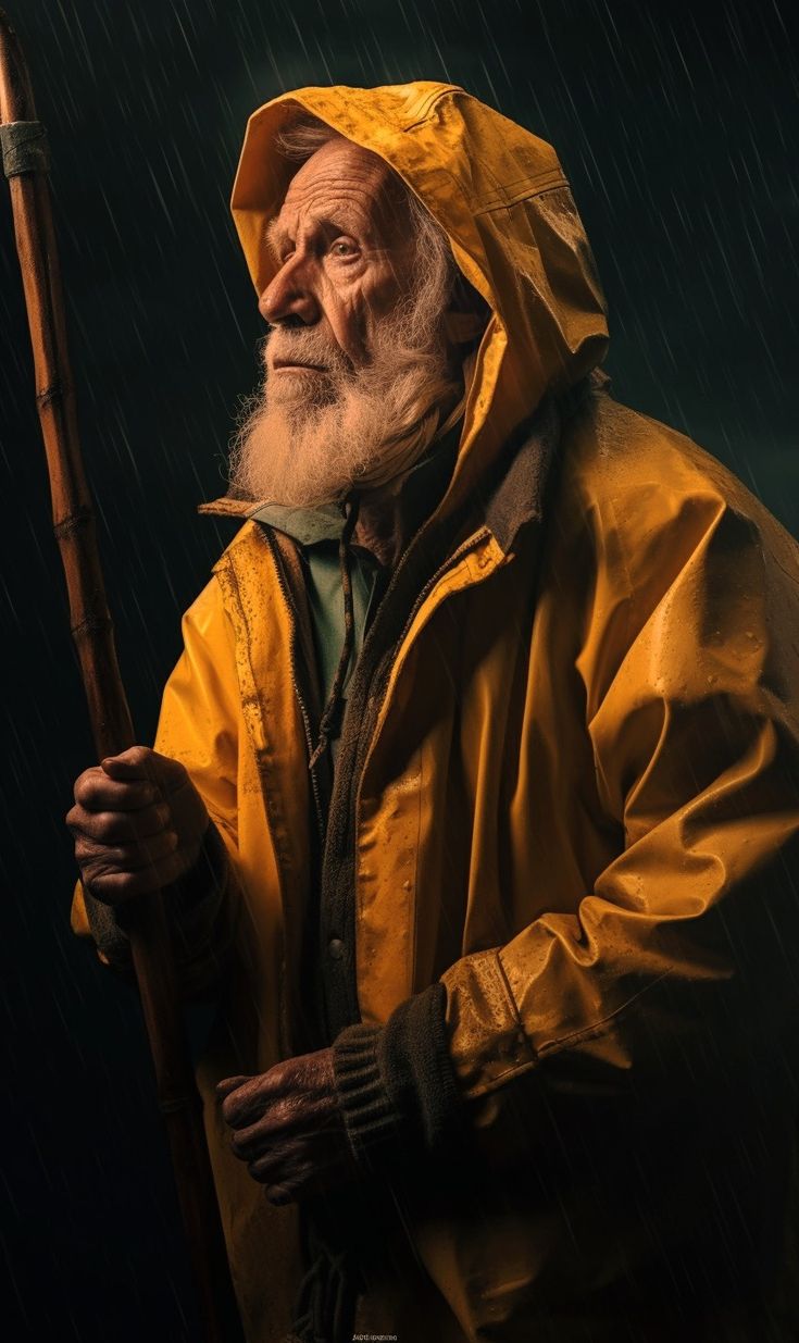 an old man in yellow raincoat holding a stick