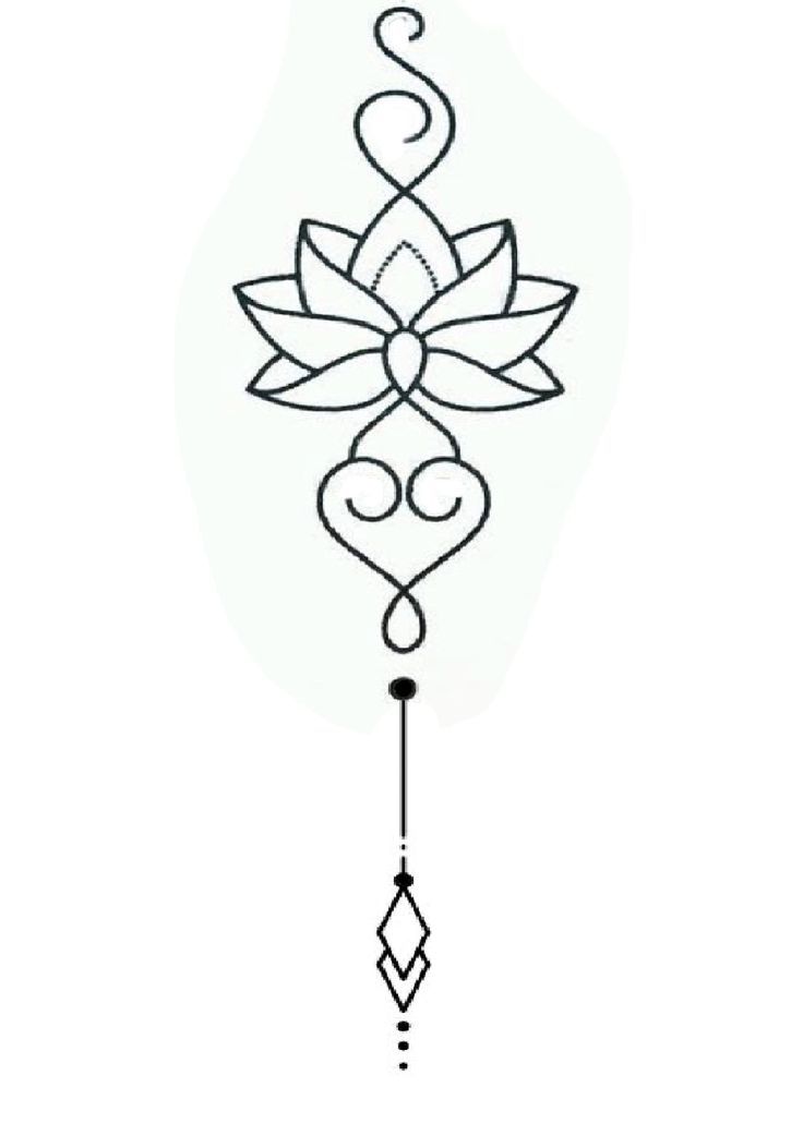 a black and white drawing of a flower on a long chain with an arrow in the middle