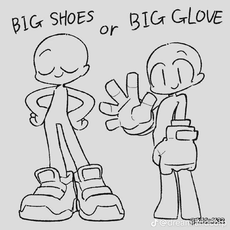 two cartoon characters with the words, big shoes or big glove on their fingers and one holding