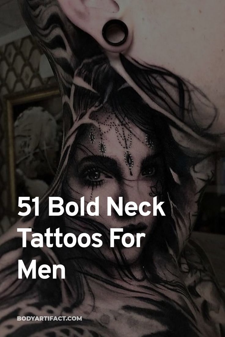 the back of a woman's head with tattoos on it and text that reads 25 bold neck tattoos for men