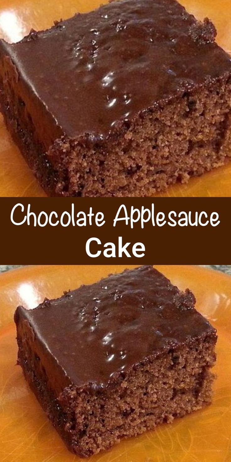 chocolate appleauce cake on a yellow plate