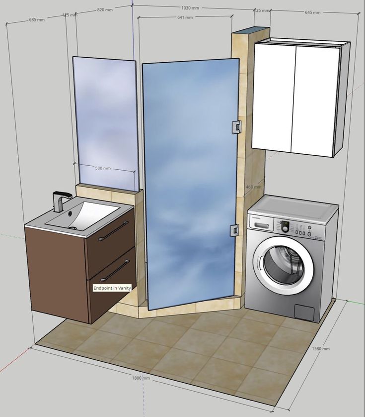 a drawing of a bathroom with a washer and dryer